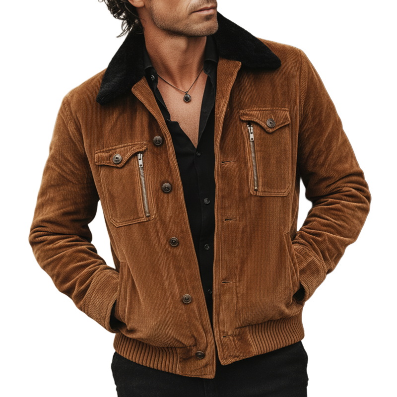 Men's Urban Caramel Corduroy Fur Collar Jacket MTA0980L5U