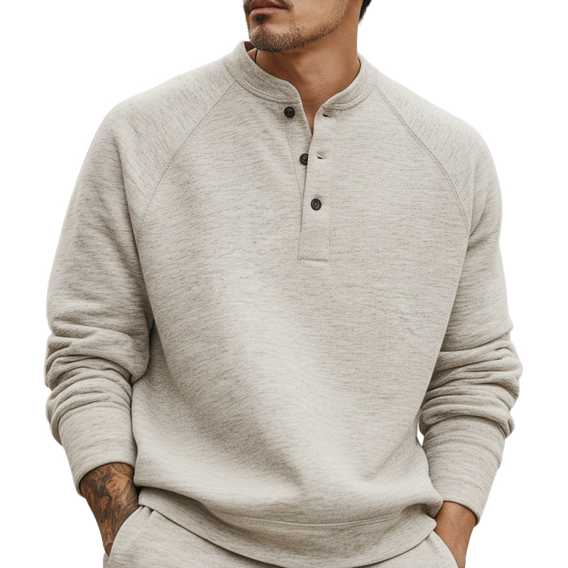 Men's Urban Casual Three-button Henley Neck Solid Color Sweatshirt MTA0960L5U