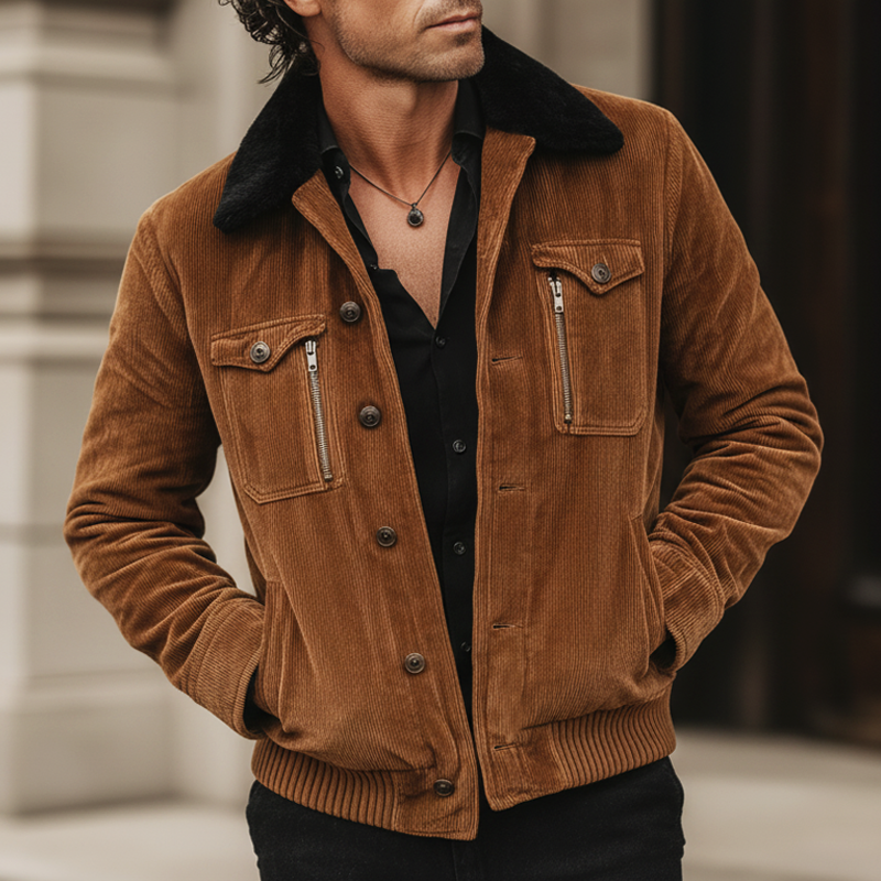 Men's Urban Caramel Corduroy Fur Collar Jacket MTA0980L5U