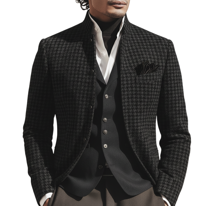 Men's Business Stand-collar Dark Gray Houndstooth Double-vented Jacket MTA0913L5U