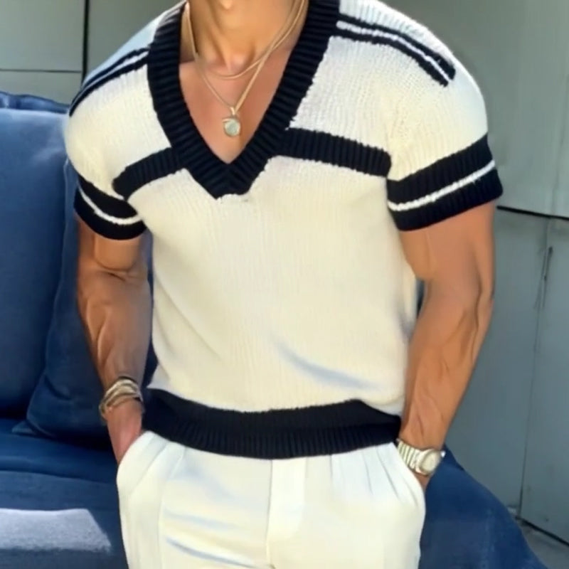 【24-hour shipping out】Men's Casual V-neck Striped Jacquard Slim Fit Knitted Short-sleeved Sweater T-Shirt 13072472M