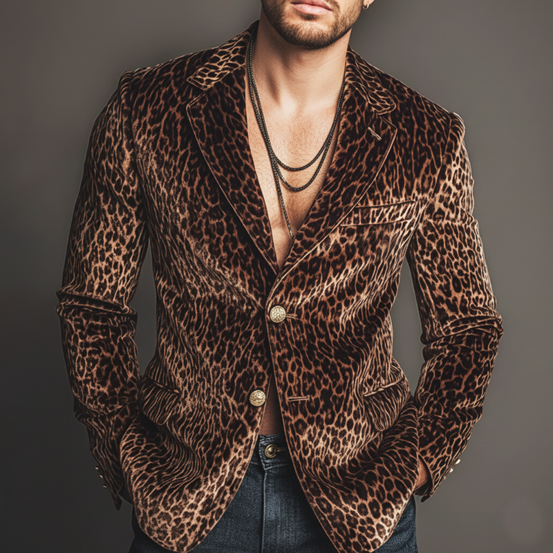Men's Urban Fashion Leopard Velvet Two-button Double-vented Blazer MTA0947L9U