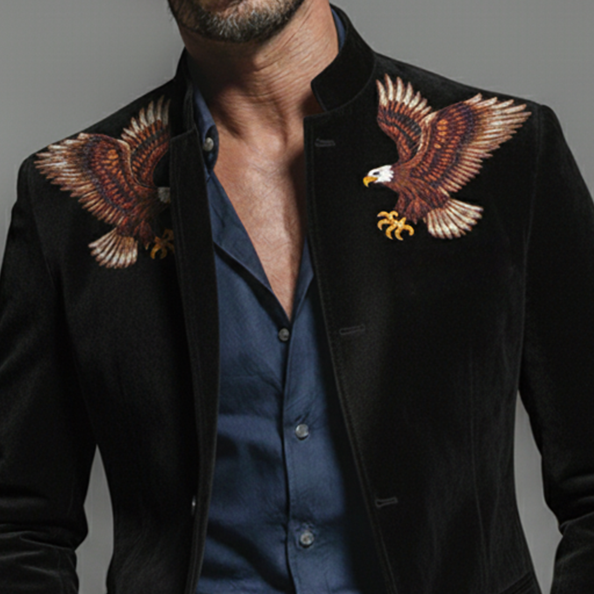 Men's Classic Vintage Stand-collar Embroidered Faux Velvet Jacket MTA0957L4K