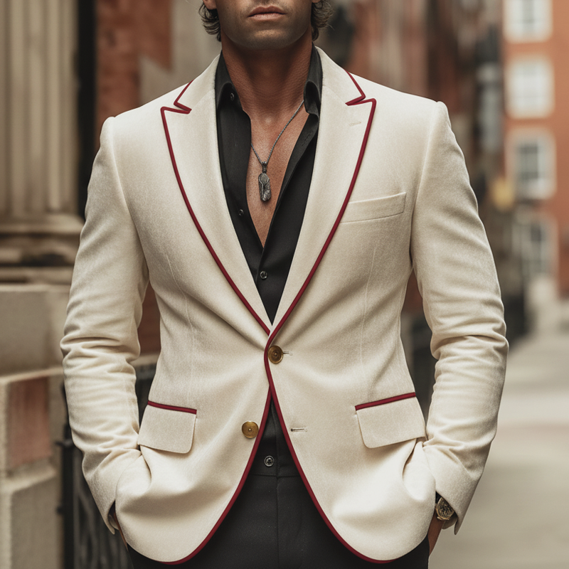 Men's Business Velvet Patchwork Trim Two-button Double-vented Blazer MTA0949L4U