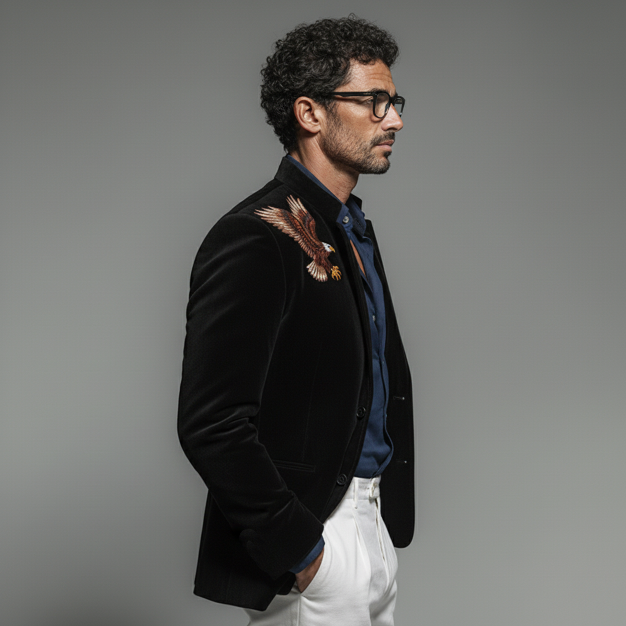 Men's Classic Vintage Stand-collar Embroidered Faux Velvet Jacket MTA0957L4K