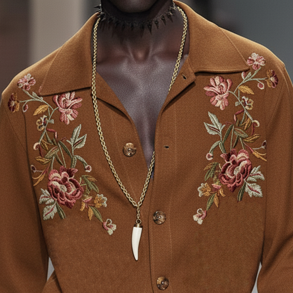 Men's Personalized And Stylish Embroidered Faux Suede Long-sleeved Shirt MTA0970L7K