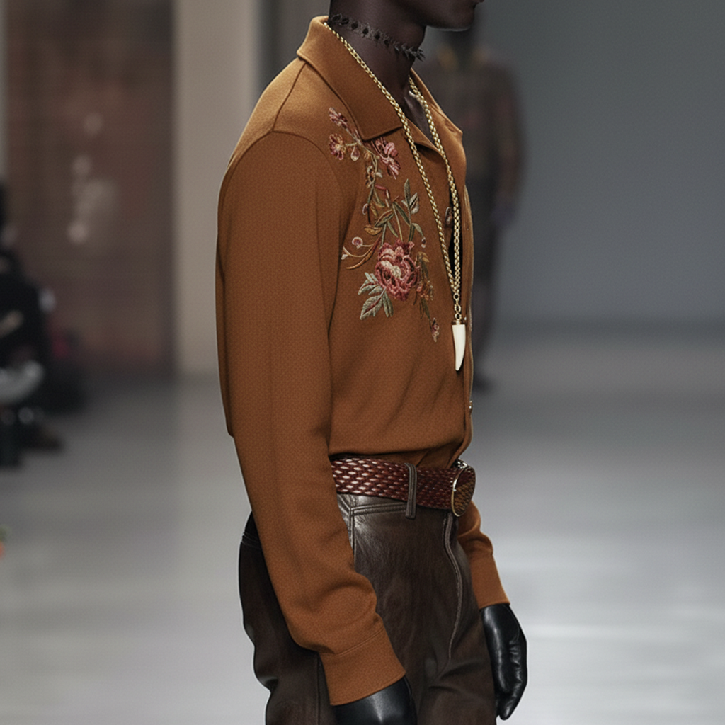 Men's Personalized And Stylish Embroidered Faux Suede Long-sleeved Shirt MTA0970L7K