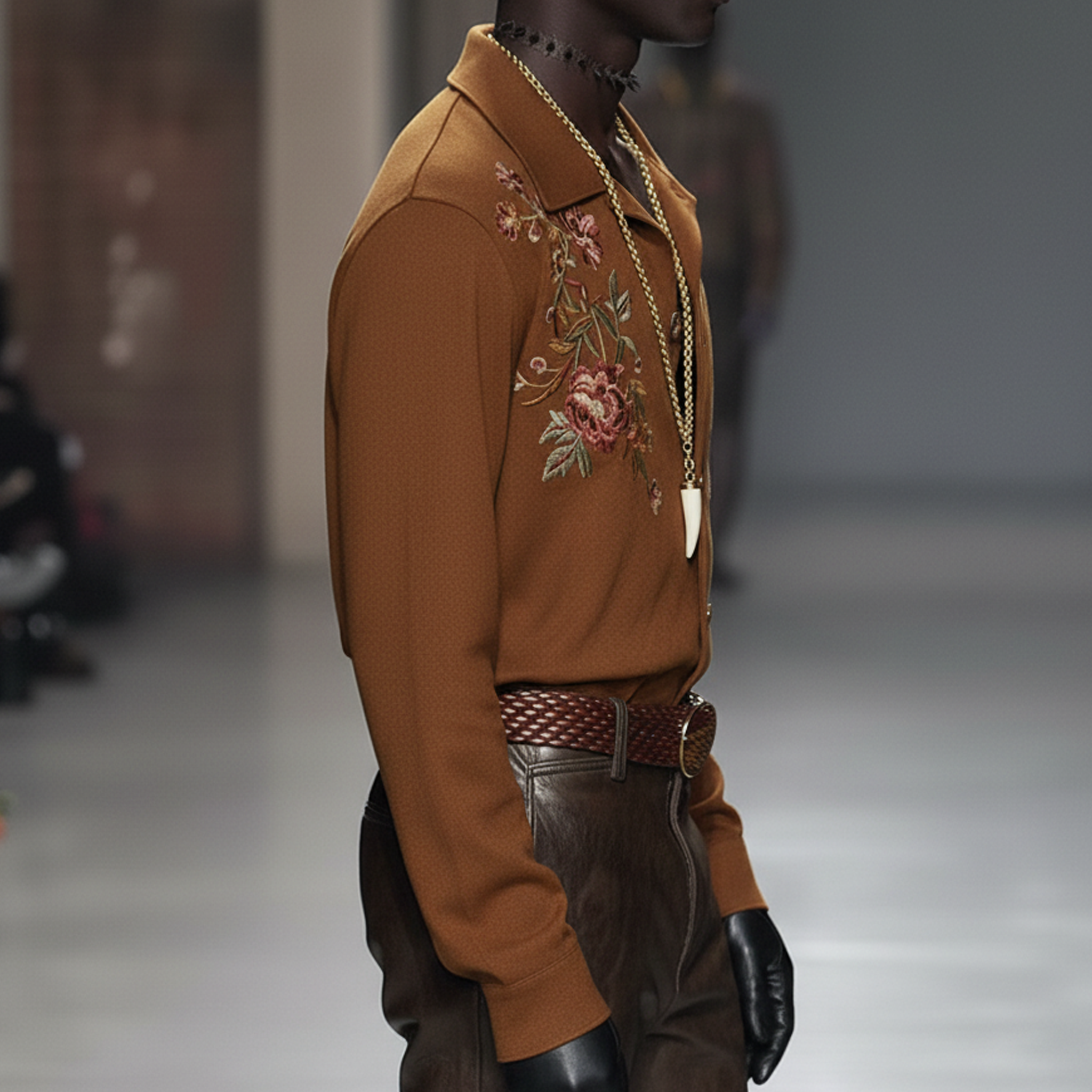 Men's Personalized And Stylish Embroidered Faux Suede Long-sleeved Shirt MTA0970L7K