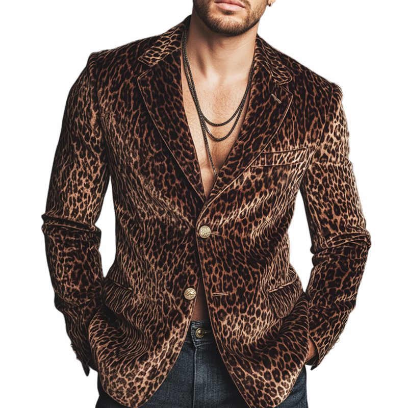 Men's Urban Fashion Leopard Velvet Two-button Double-vented Blazer MTA0947L9U