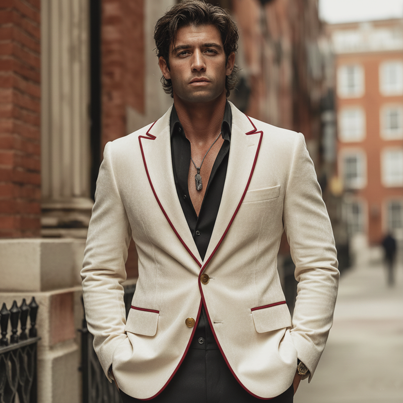 Men's Business Velvet Patchwork Trim Two-button Double-vented Blazer MTA0949L4U