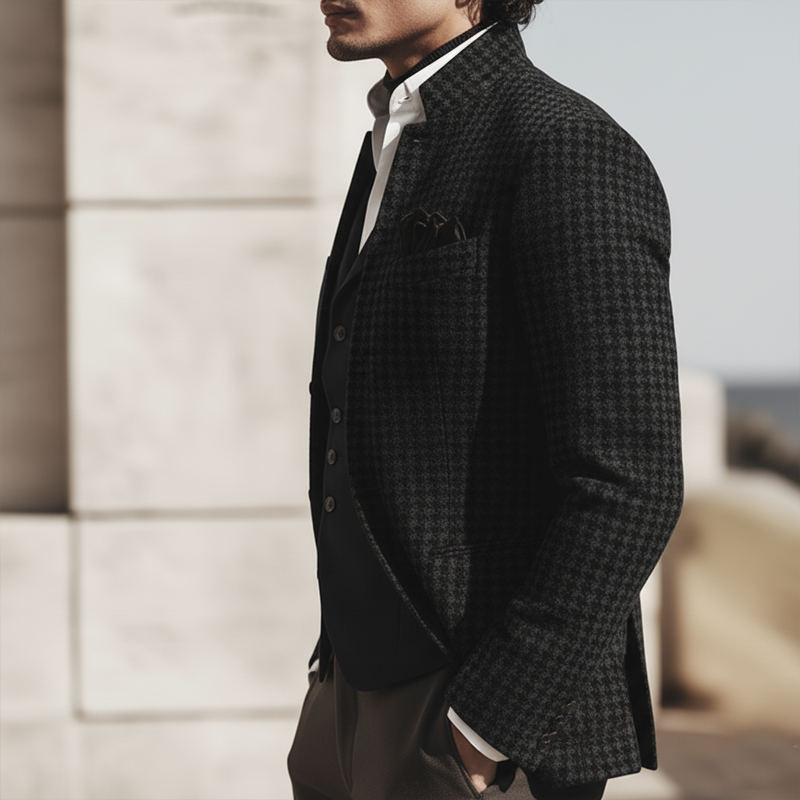 Men's Business Stand-collar Dark Gray Houndstooth Double-vented Jacket MTA0913L5U