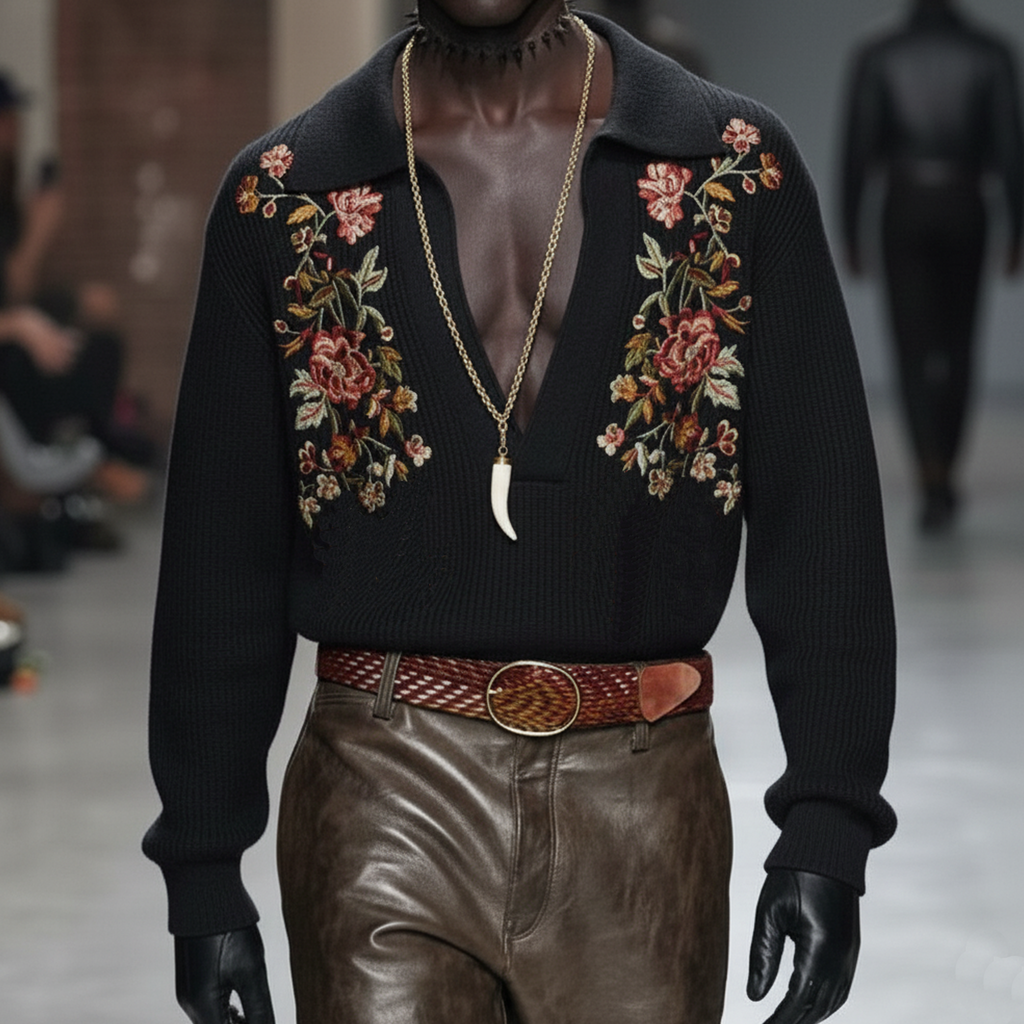 Men's Personalized And Stylish Embroidered Deep V-neck Sweater MTA0911L5K