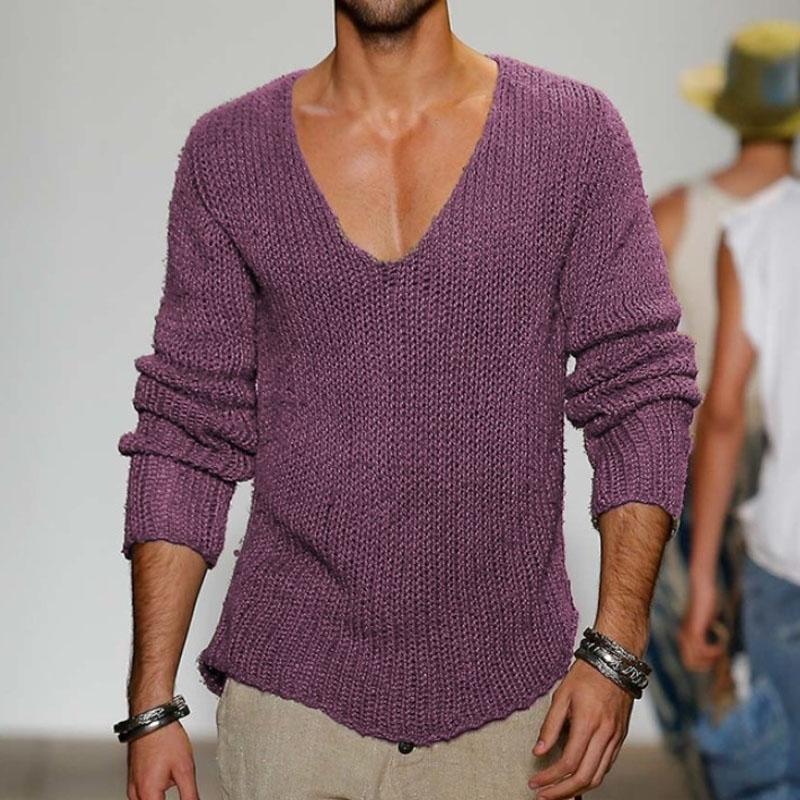 Men's Casual Solid Color V-Neck Loose Knit Pullover Sweater 18392900M