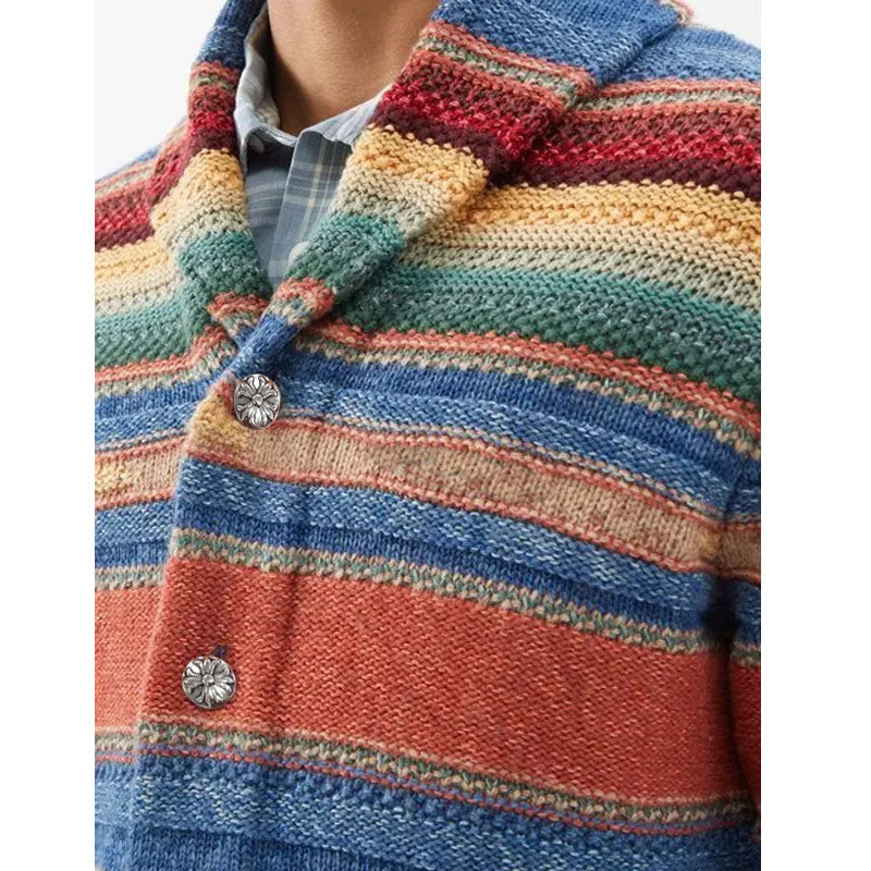 Men's Vintage Rainbow Colorblock Jacquard Lapel Cardigan 50270487Y
